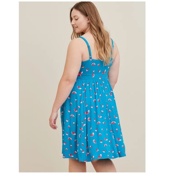 TORRID NWT TIE FRONT SKATER MINI DRESS - SUPER SOFT WATERMELONS BLUE - Picture 3 of 5